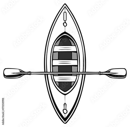 Overhead view of a kayak with oars, grayscale illustration of a small boat for water activities