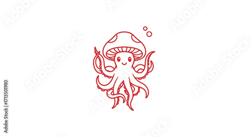 Cute Red Outline Cartoon Octopus Wearing Mushroom Hat with Happy Face and Bubbles.