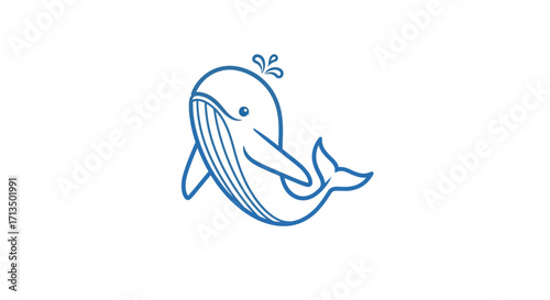Friendly cartoon whale with ventral pleats spouting water from its blowhole in a blue line art style.