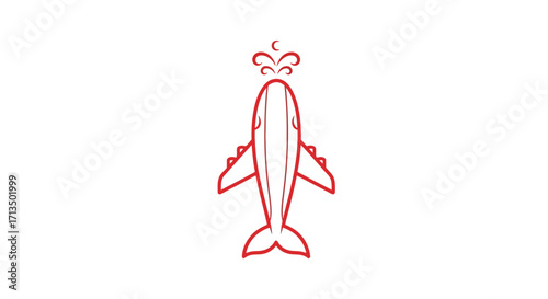 Creative red line art of a whaleairplane hybrid with a decorative water spout viewed from above.