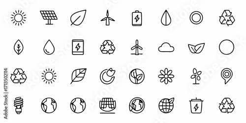 Vibrant collection of diverse eco-friendly icons for sustainable business and green energy solutions