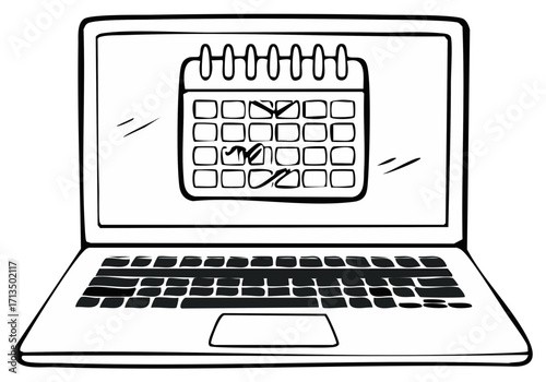 Laptop displays a hand drawn calendar with marked dates for scheduling appointments