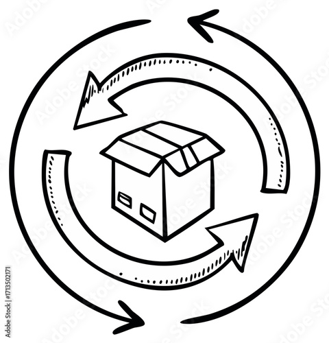 Cardboard box surrounded by continuous circular arrows depicting recycling reuse cycle