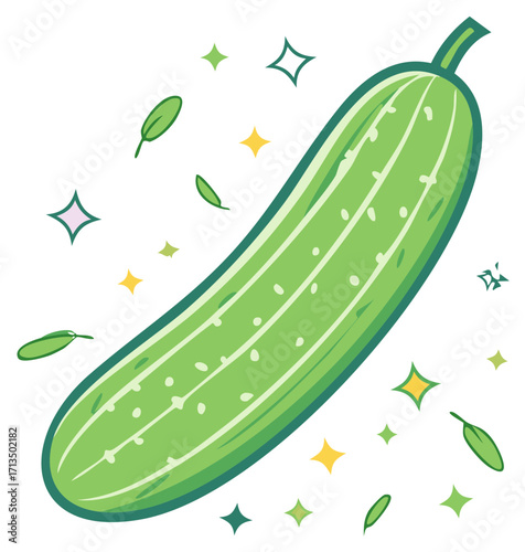 Cartoon illustration of a fresh cucumber with leaves and sparkles.