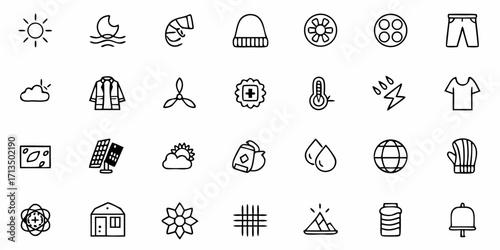 Diverse collection of simple line art icons representing weather, clothing, and nature concepts