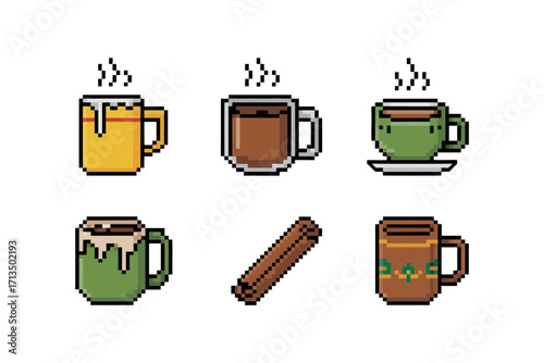 Coffee and tea pixel set, steaming mugs variety, ceramic cups lineup, cinnamon stick accent, beverage icons, vector pack