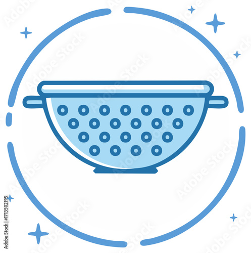 Colander Icon with Circle and Starry Design Elements, Blue Kitchen Tool Vector