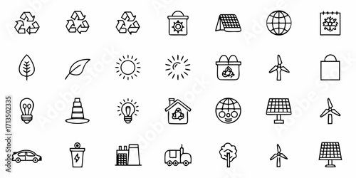 Collection of  Clean energy icons showcasing recycling, solar, wind power, and sustainable living for a greener future