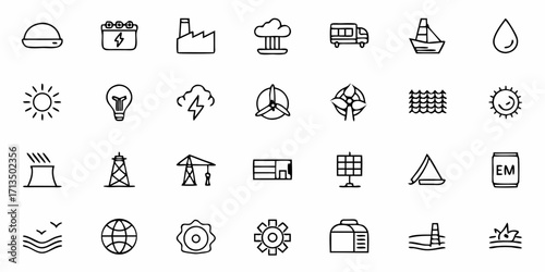 Collection of  Diverse energy icons capturing power generation, natural resources, and industrial elements