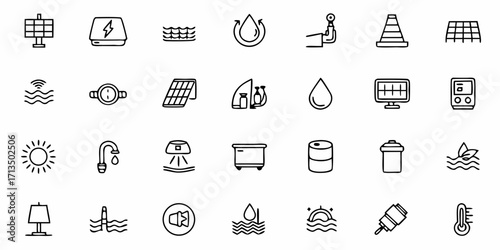 Collection of  Diverse eco-friendly energy and resource icons for sustainable technology and environmental projects