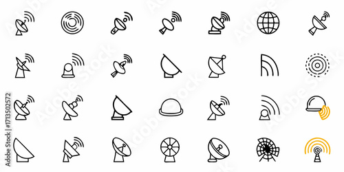 Collection of  Modern communication icons showcasing satellite dishes, antennas, and global signals for tech concepts