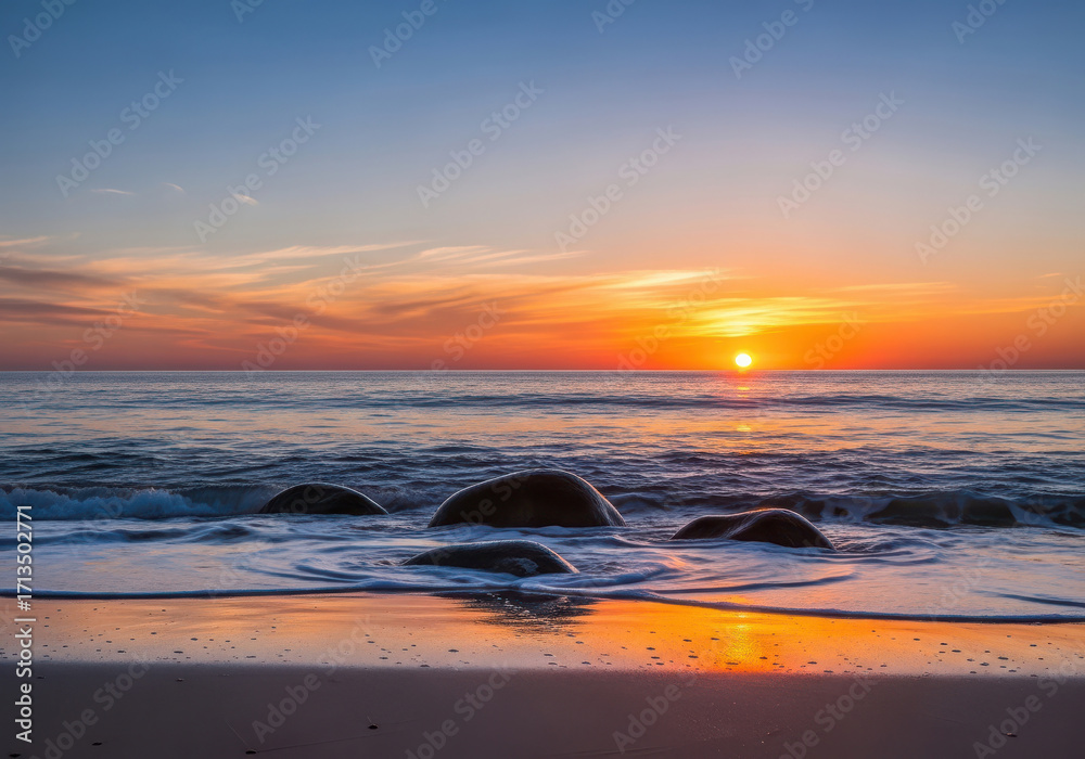 Obraz premium Vibrant sunset over ocean waves crashing on sandy beach