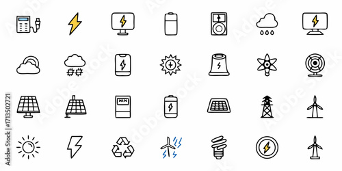 Collection of  Diverse energy icons showcasing renewable and traditional power sources for modern technology and sustainability concepts