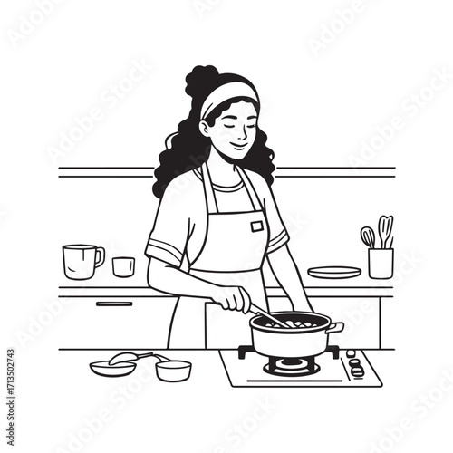Black and White Vector Illustration of a Smiling Woman Cooking in Kitchen with Apron and Headband