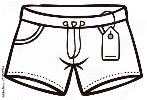 Cartoon illustration of summer shorts, isolated on white background, featuring a tag, pockets, drawstring and dotted hemline