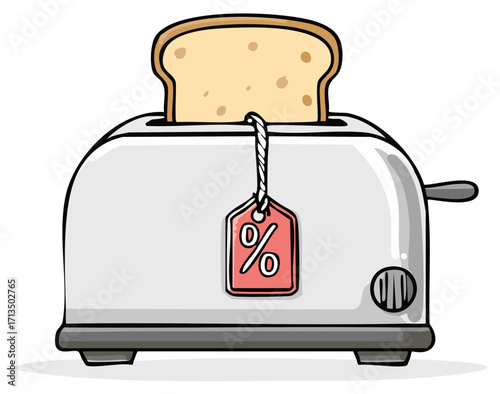Toaster with bread slice and sale tag icon, offering breakfast at reduced price illustration