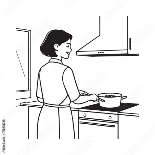 Black and White Vector Illustration of a Smiling Woman Cooking in Kitchen with Apron and Headband