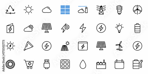 Collection of  Essential energy icons collection showcasing solar, wind, battery, and lightbulb for clean power concepts.
