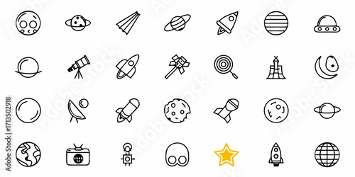 Collection of  Whimsical space icons celebrate discovery, exploration, and the infinite cosmos with playful charm