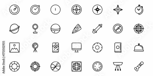Collection of  Diverse icon set featuring compasses, clocks, globes, and travel essentials for modern design projects