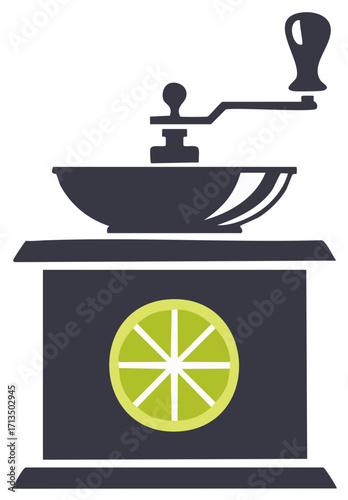Vintage style manual coffee grinder illustration with a bright green lime slice logo