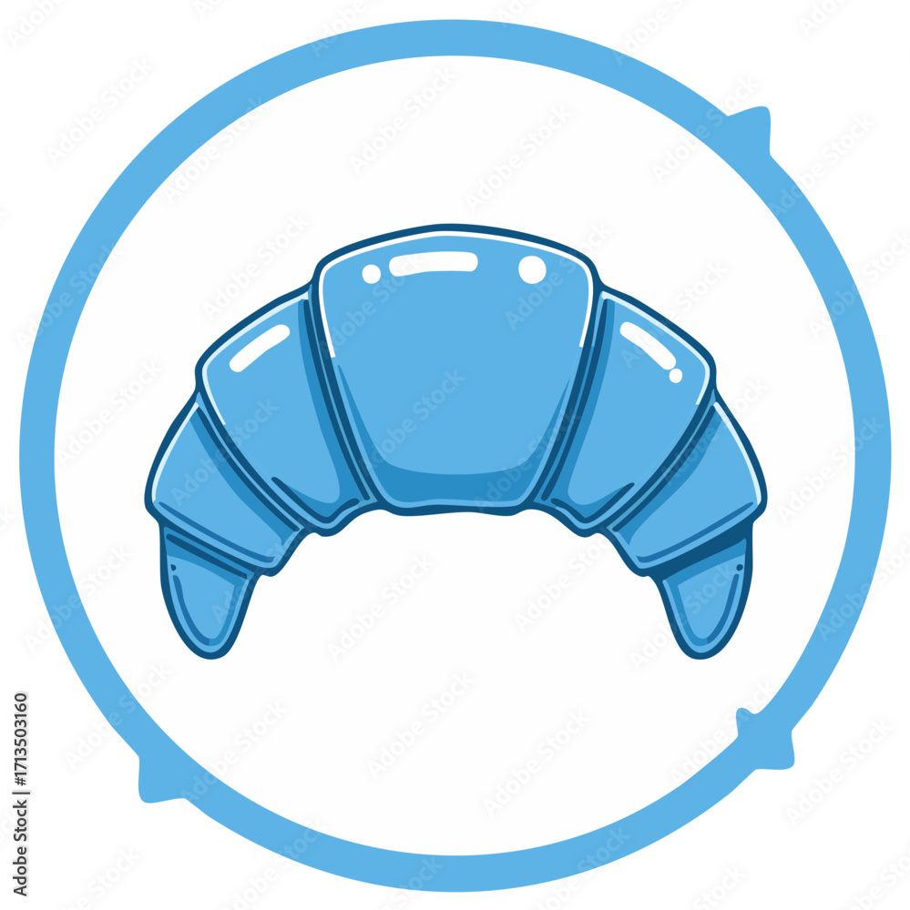 Fototapeta premium Graphic illustration of a light blue croissant inside a blue circle with arrows. Decorative pastry design.