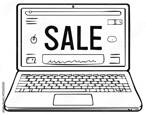 Laptop Displaying Sale Text With Hand Drawn Style for Online Shopping