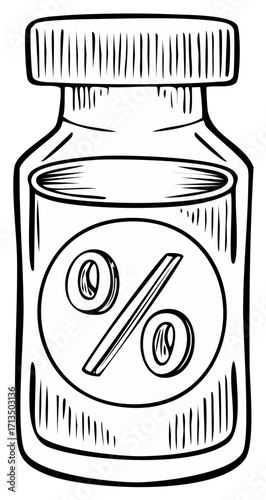 Bottle with Percent Symbol, Hand-Drawn Black and White Sketch Style Illustration for Healthcare or Finance Concepts