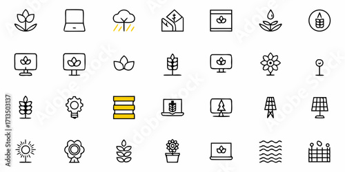 Collection of  Modern agriculture icons for sustainable farming technology and innovation, business growth, and smart solutions