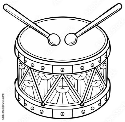 Black and White Line Art Illustration of a Drum with Drumsticks