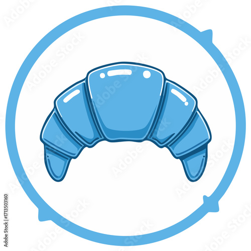 Graphic illustration of a light blue croissant inside a blue circle with arrows. Decorative pastry design.