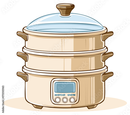 Electric food steamer illustration, kitchen appliance for healthy cooking.