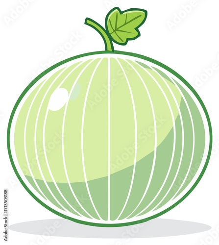 Cartoon green melon illustration with green leaf and stem, fresh fruit food item