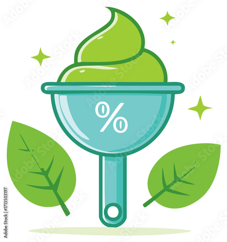 Green gel in funnel with percentage symbol and leaves, representing natural ingredients and discounts