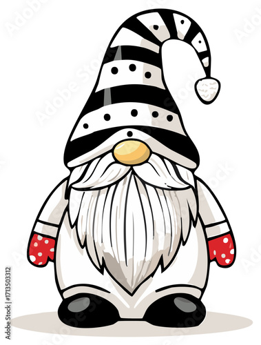 Whimsical Christmas gnome illustration with striped hat and white beard wearing red polkadot mittens