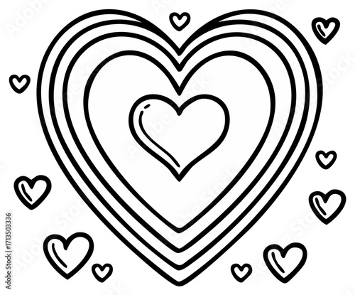 Hand-drawn hearts nested within each other, surrounded by small hearts, perfect for Valentine's Day and love themes.