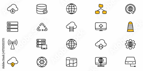Collection of  Modern business and technology icons for cloud computing, data, and networking solutions