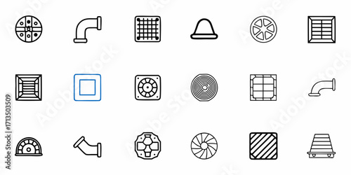 Diverse collection of industrial and technical icons including pipes, vents, and machinery components for design
