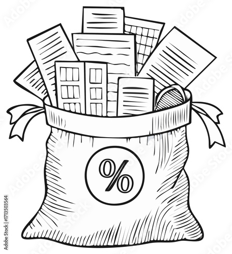Bag of documents with percentage symbol representing financial documents and data