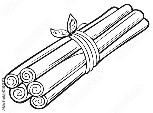 Cinnamon Sticks Bundle Line Art: Tied Spices with Leaf Accent for Flavoring