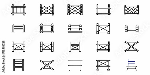 Collection of equestrian jumping obstacles in simple line art style for sports and events