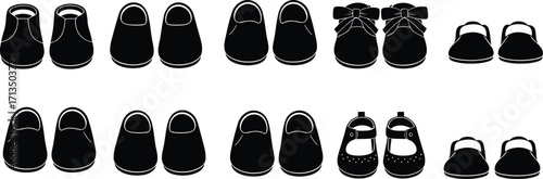 Photos Black baby shoe silhouettes in various styles, cute footwear vector illustration