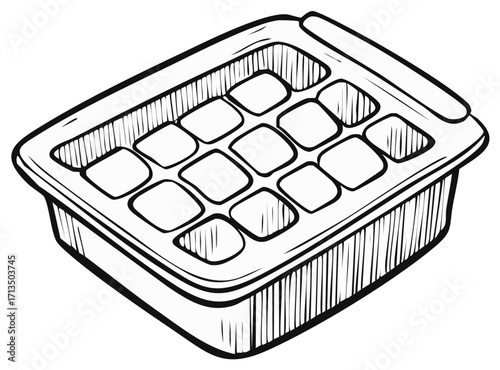 Illustration of an ice cube tray filled with cubes and handle design.