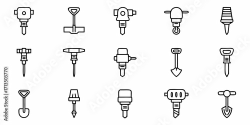 Collection of construction jackhammers and shovels for demolition and excavation projects