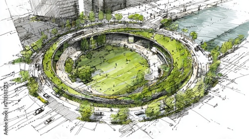 Circular Green Stadium Design Aerial Architectural Sketch