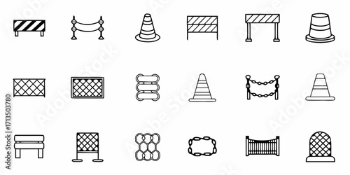 Collection of  Essential safety and crowd control icons for construction, events, and traffic management projects