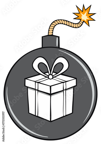 Gray bomb cartoon with burning wick and gift box shows danger present or ticking timebomb