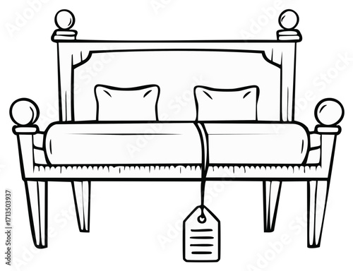 Elegant Four Poster Bed with Pillows and Price Tag Line Art Illustration for Coloring Books or Design Projects