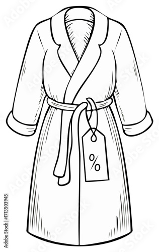White Bathrobe with Belt and Discount Tag, Outline Illustration for Coloring Pages