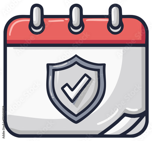Calendar icon showing appointment scheduled icon, illustration of calendar with a shield and checkmark, date confirmed